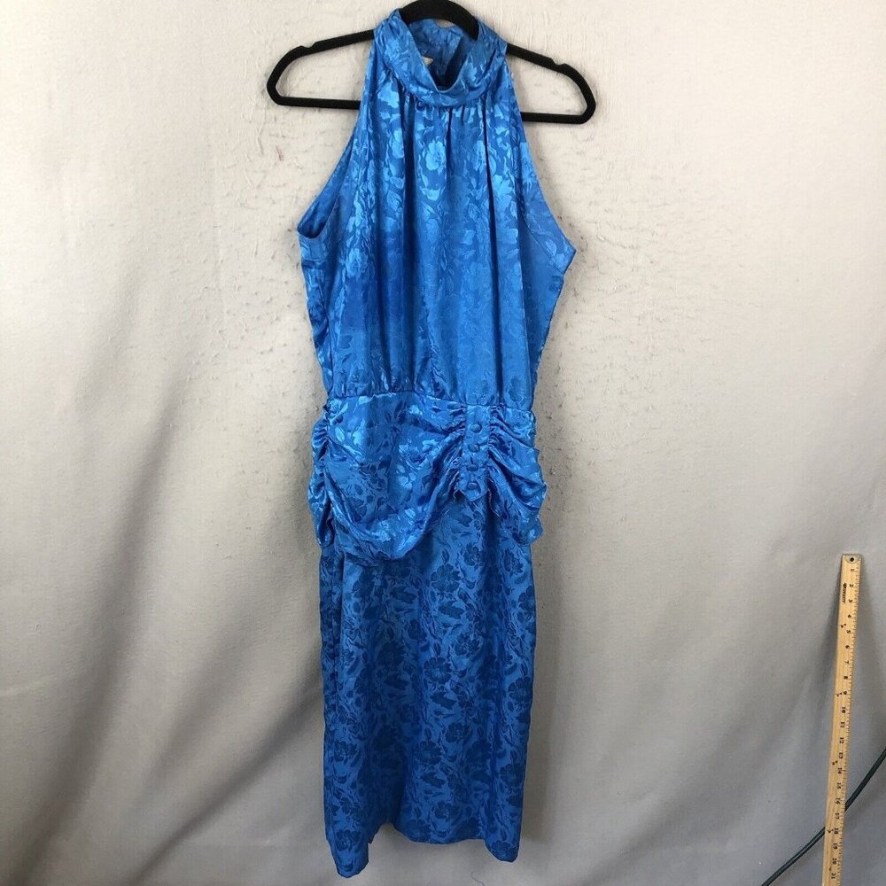Vintage Fanfare Dress Womens 12 Blue Emboss Satin Drop Waist Ruched Event 80s
